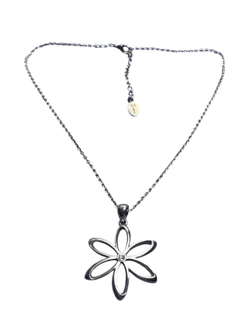 Silvertone Flower Pendant Necklace Clear Rhinestone Lobster Clasp Pendant
